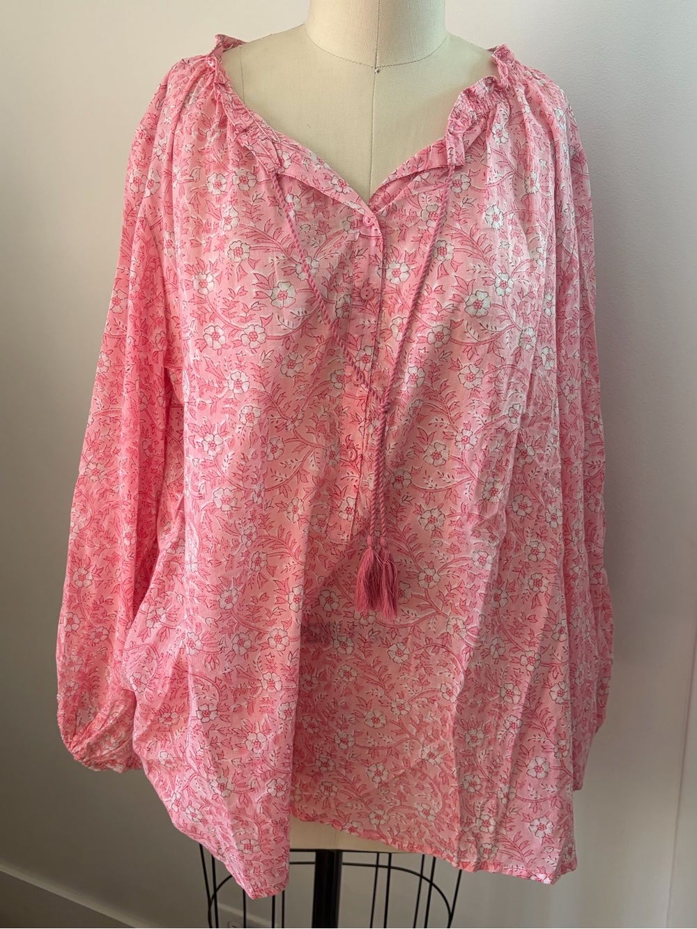 Emerson Fry Pink Floral Peasant Blouse with Tassel Tie